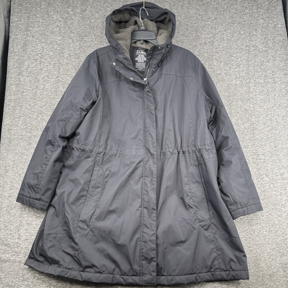 LL Bean Winter Warmer Coat Womens 2X Plus Black Hooded Parka Fleece Lined 271141